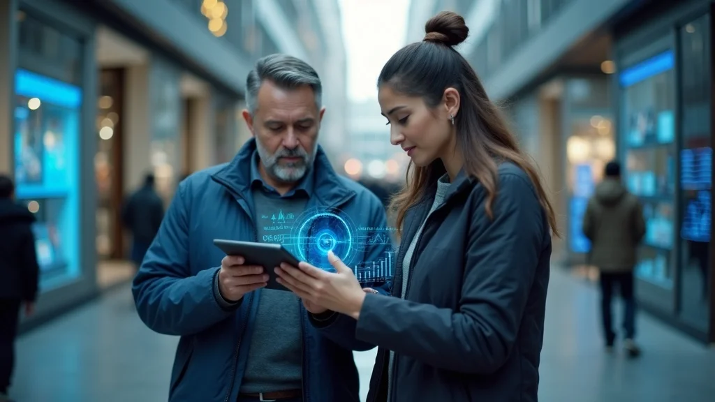 Modern retail storefronts with digital overlays showcasing AI-powered competitive edge marketing strategies